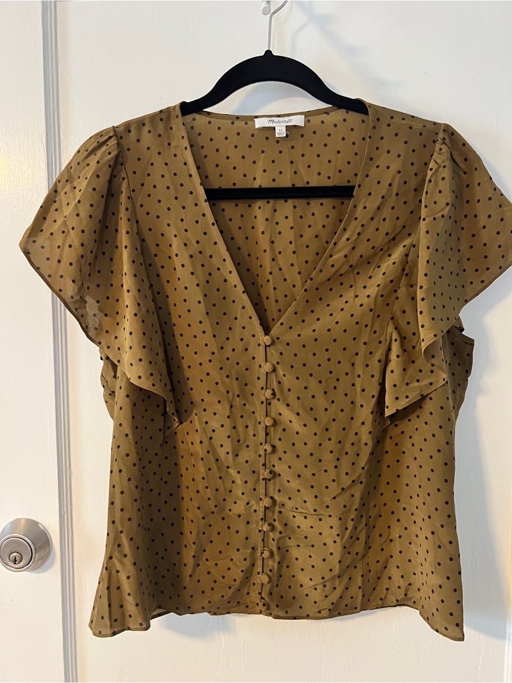 Madewell Olive Polka Dot Button-Front Flutter Sleeve Blouse